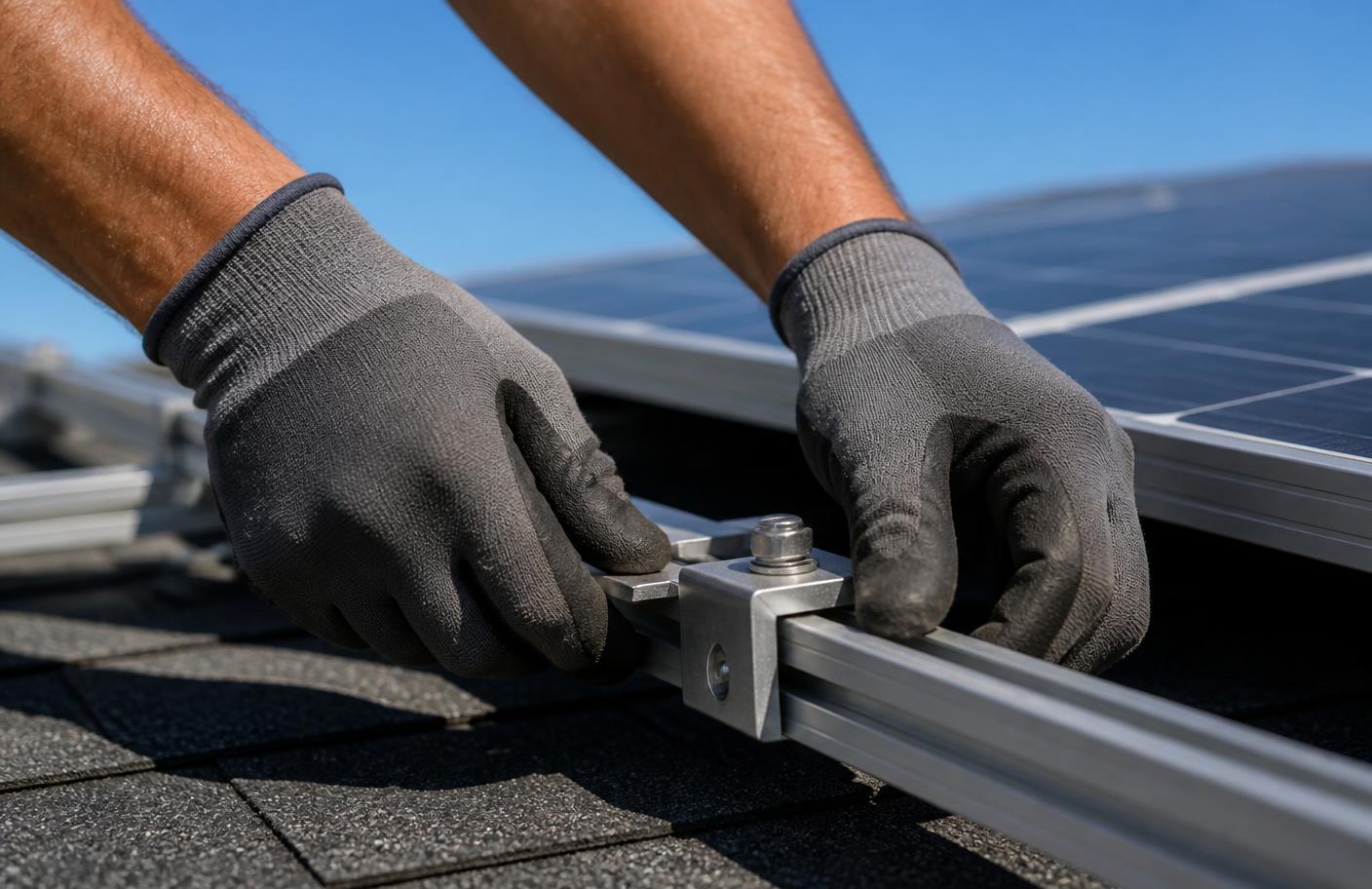 An installer securing a solar panel mounting rail on a residential roof